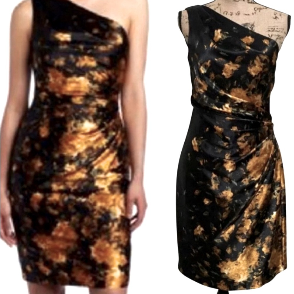 NWOT Maggy London Satin sz 6 One Shoulder Cocktail Dress Black & Gold Roses